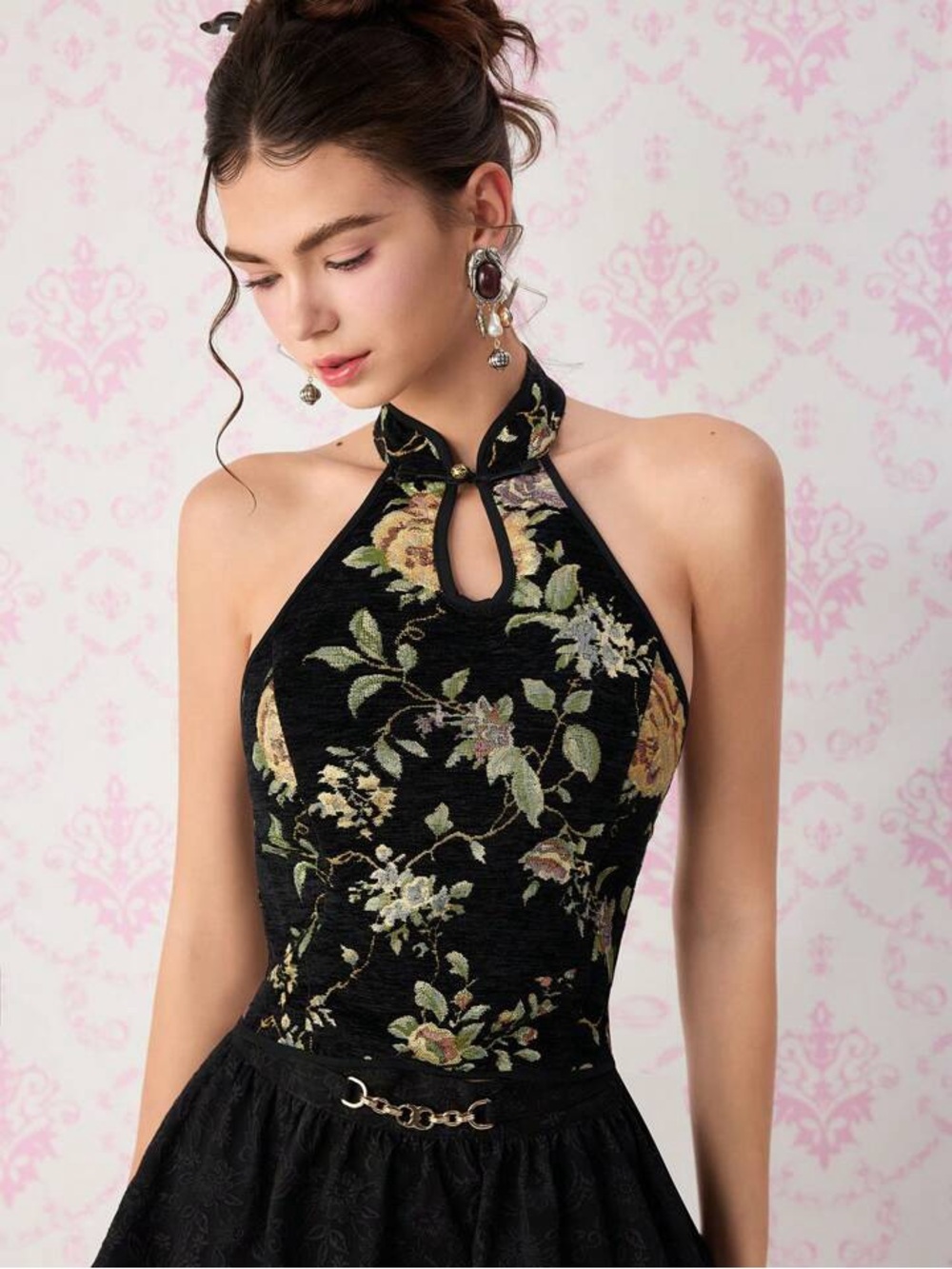 SHEIN MOD Black Top with Metallic Gold Floral Halter Top